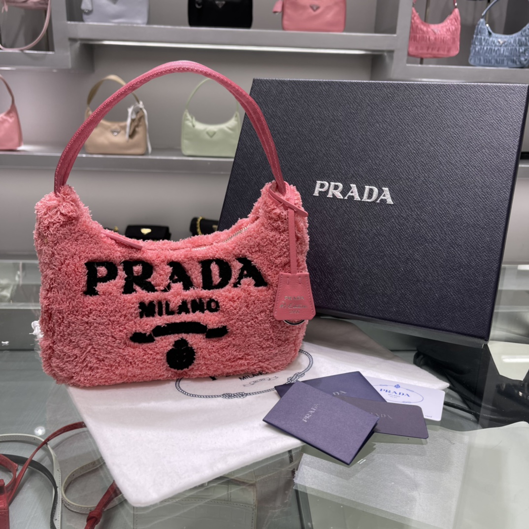 Prada Mini Re Edition 2000 Terry Hobo Bag Handbag Petal Pink/Black 1NE515